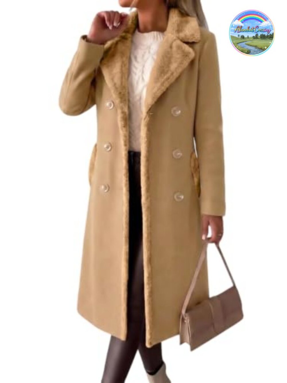 Wool Peacoat Double Breasted Fur Collar Long Winter Coat